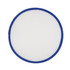 A fold-up flying disc with a blue edge and a white centre, featuring a logo.