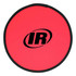 A red fold-up flying disc with a black border and a logo in the centre.