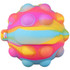 A colourful stress ball in pink, blue, and yellow with a textured surface and a handle. It has a logo.