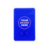A blue silicone phone wallet with slots for cards and a logo area.