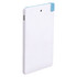 A white ultra slim power bank with a light blue accent, featuring a sleek design and a logo on its surface.