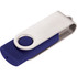 A USB flash drive with a blue and silver design, featuring a rotating casing and a logo.