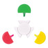 A set of four highlighters in green, red, yellow, and a white base, with a circular design. The product features a logo.