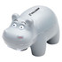 A grey hippo stress toy with large eyes and white teeth, featuring a logo on top.
