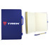 A navy blue recycled notebook with lined pages, accompanied by a blue pen, features a logo on the cover.