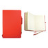 A red recycled notebook with a pen, featuring lined pages and a secure closure. Includes a brand logo on the cover.
