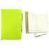 A bright green recycled notebook with a pen, featuring lined pages and a matching bookmark.