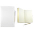 A white recycled notebook with lined pages and a matching pen displayed open and closed. Features a logo on the cover.
