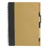A brown recycled paper notebook with a black spiral binding and a pen holder on the side.