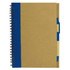 A recycled paper notebook with a brown cover and blue spine, featuring a spiral binding and a pen holder.