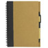 A recycled paper notebook featuring a brown cover, black spiral binding, and a pocket with a pen.
