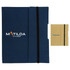 A navy blue tuck journal book with an elastic band closure and a smaller tan booklet beside it, featuring logos.