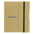 A small brown tuck journal book featuring a black elastic band and a logo on the front cover.