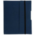 A dark blue journal book with a soft cover and an elastic closure band. Features a pocket on the side and a logo.