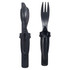 A black plastic spoon and fork set with a joined handle, featuring a sleek design.