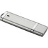 A silver USB flash drive with a sleek design. It features a small hole for attaching a keychain and has a logo.