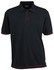 A black polo shirt with red piping, featuring a collar and three-button placket, has a logo on the chest.