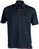 A navy blue polo shirt with red accents and a collar. It has a branding logo on the chest.