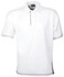 White polo shirt with short sleeves and contrasting trim, featuring a collar and a logo.