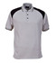 A light grey polo shirt with black accents, featuring a collar and three buttons. It has a logo on the chest area.