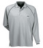 A light grey long-sleeve polo shirt with a contrasting seam and a logo on the chest.