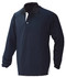 A long-sleeved men's polo shirt in navy blue with a contrasting collar and a logo on the chest.