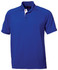 A blue men's polo shirt with a collar, featuring a logo. It's designed with short sleeves and a button placket.