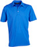 A blue polo shirt with a collared neckline and a single button placket. It features a logo on the chest.