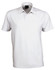 A short-sleeved, white polo shirt featuring a classic collar and a logo on the chest.