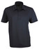 A dark navy polo shirt with a subtle striped pattern and a collar, featuring a logo on the chest.