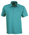 A teal polo shirt featuring a collar and three-button placket. The shirt has a logo on the upper left side.