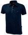 A navy blue polo shirt with a collar, short sleeves, and a small pocket, featuring branding on the label.