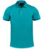 A turquoise polo shirt with a classic collar and three buttons, featuring a logo on the neckline.