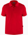A red polo shirt with a classic collar and button placket, featuring a logo on the side.