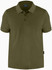 A dark green polo shirt with a collar and three buttons, featuring a logo on the side seam.