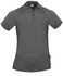 A grey men's polo shirt featuring a classic collar, buttons, and a side split, with a branding label.