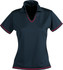 A navy polo shirt with short sleeves and red piping, featuring a collar and a logo on the chest.