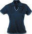 A navy polo shirt with a V-neck and contrasting trim, featuring a logo. Short sleeves and a fitted design.