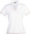 A white ladies' polo shirt featuring a V-neck and red trim, with a logo present.