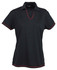 A black polo shirt for ladies featuring a v-neck and red piping. The shirt has a collar and short sleeves.