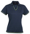 A navy women's polo shirt featuring a V-neck and contrasting lime green trim, with a logo on the chest.