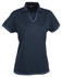 A navy blue ladies’ polo shirt featuring a V-neck and contrasting trim, with a logo.