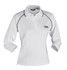 A white long-sleeve polo shirt for ladies with contrasting trim and a logo on the chest.