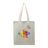 A light grey tote bag made from recycled cotton, featuring a colourful hexagonal design and a tag.