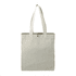 A recycled cotton tote bag in light grey, featuring a snap closure and two sturdy handles. It has a branding logo.