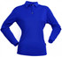A long-sleeve ladies' polo shirt in vibrant blue, featuring a collar and buttons, with a logo present.