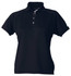 A black ladies' polo shirt featuring a collar and short sleeves, designed with a logo.