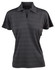 A dark grey polo shirt with a striped pattern and a collar, featuring a logo on the chest.