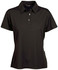 A black ladies' polo shirt featuring a collar and a button placket, with a branding logo.