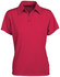 A red ladies' polo shirt featuring a collar and buttoned placket, with a logo on the chest.